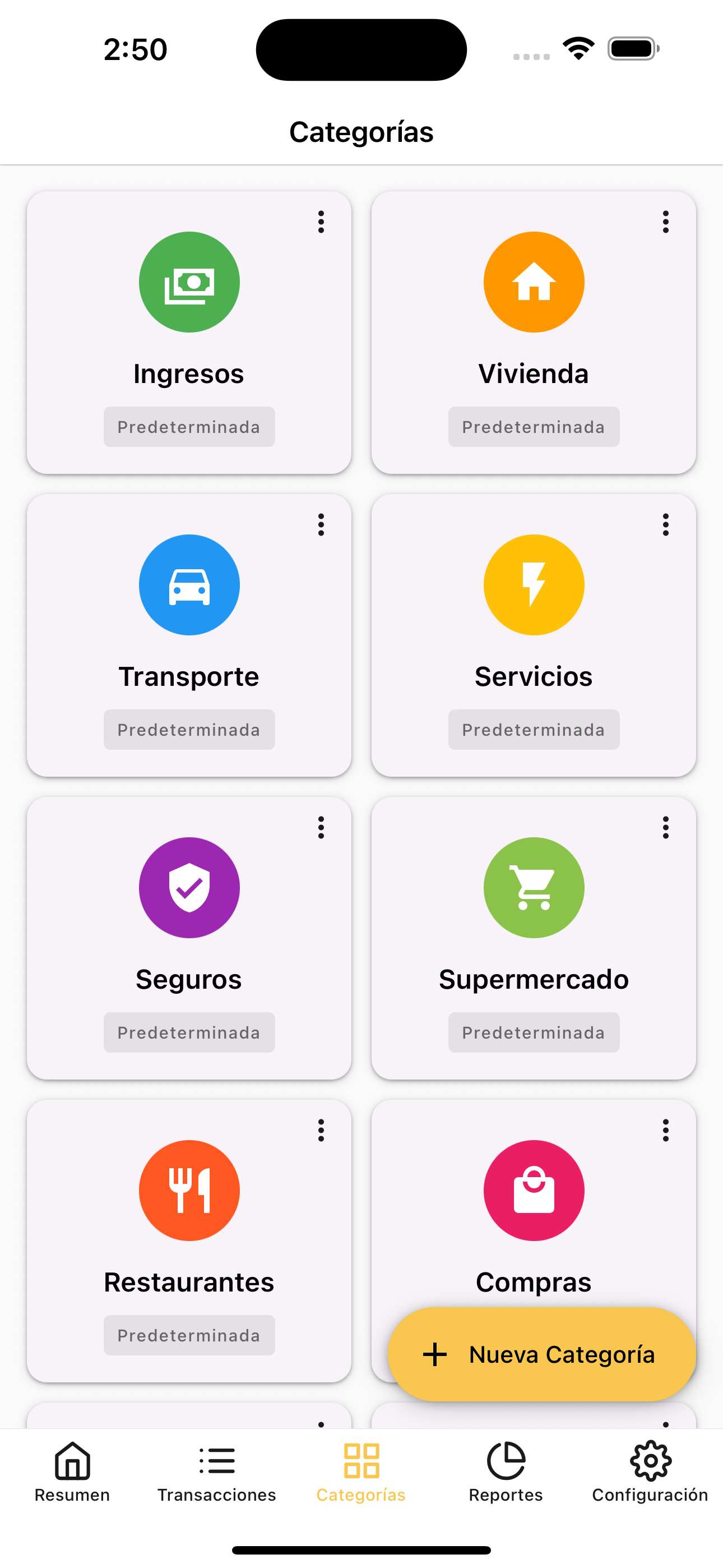 Vista de categorías personalizables con íconos coloridos
